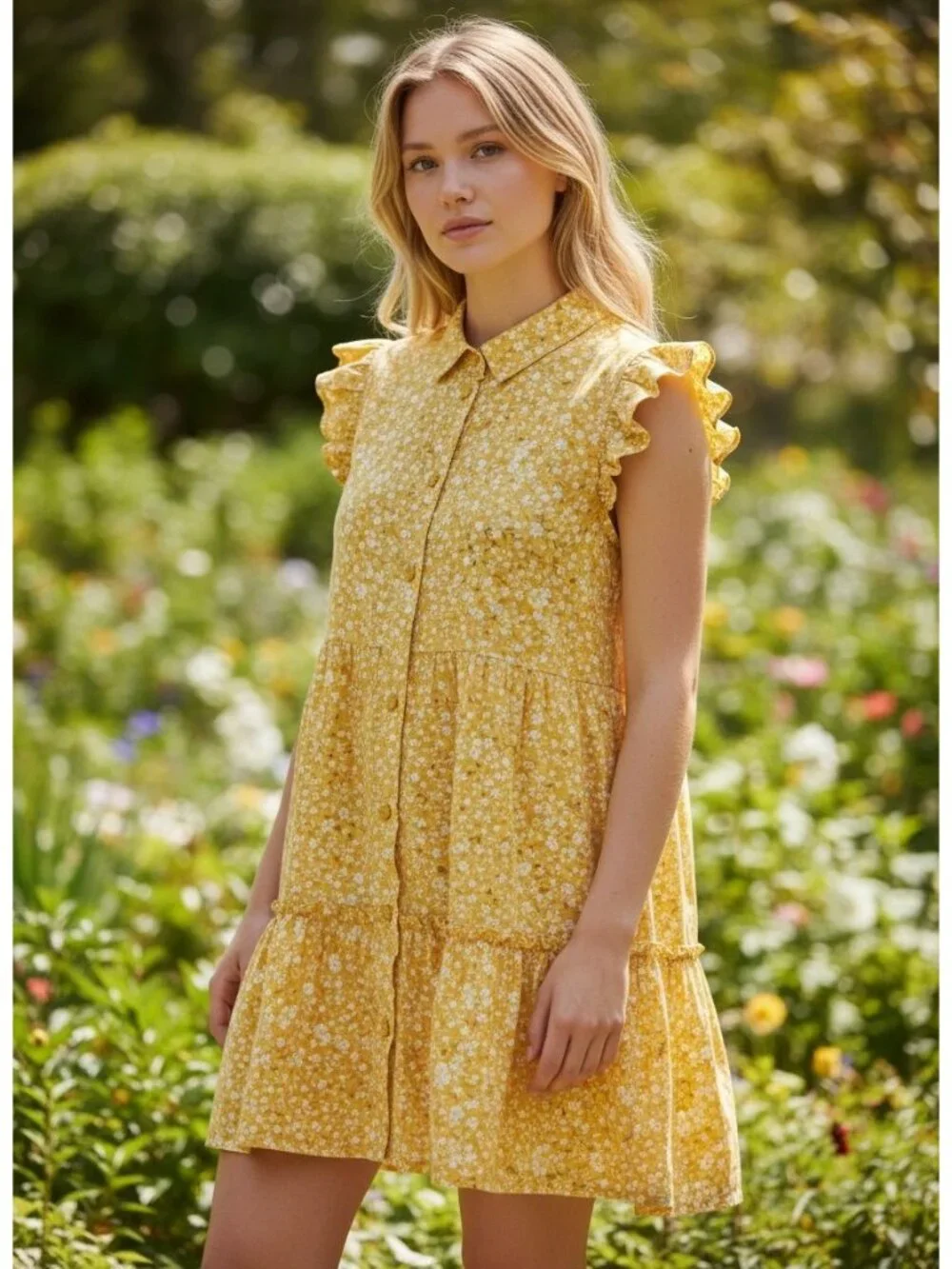True Craft Womens Yellow Floral Ruffle Sleeve Button-Front Cotton Dress XL - Picture 1 of 7